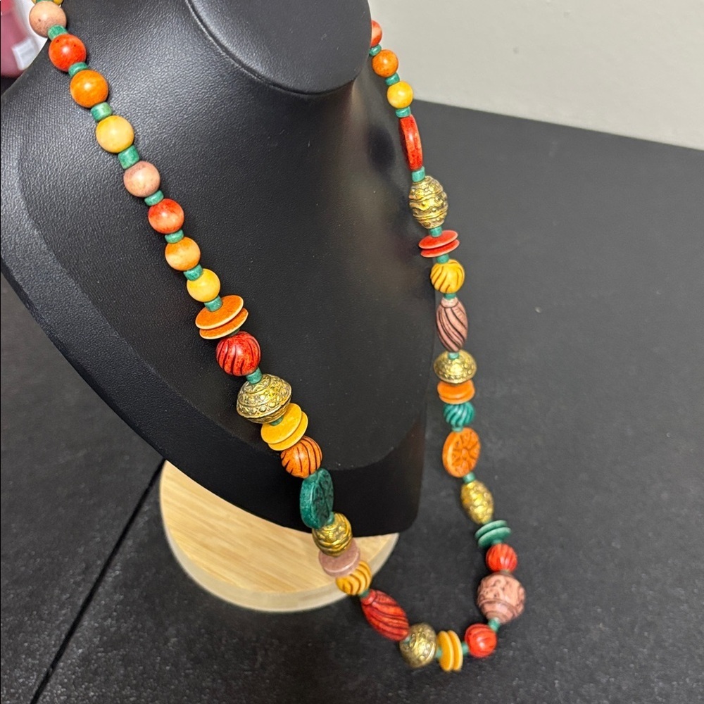 Colorful Boho Resin Wood Beaded Long Necklace - Picture 5 of 6